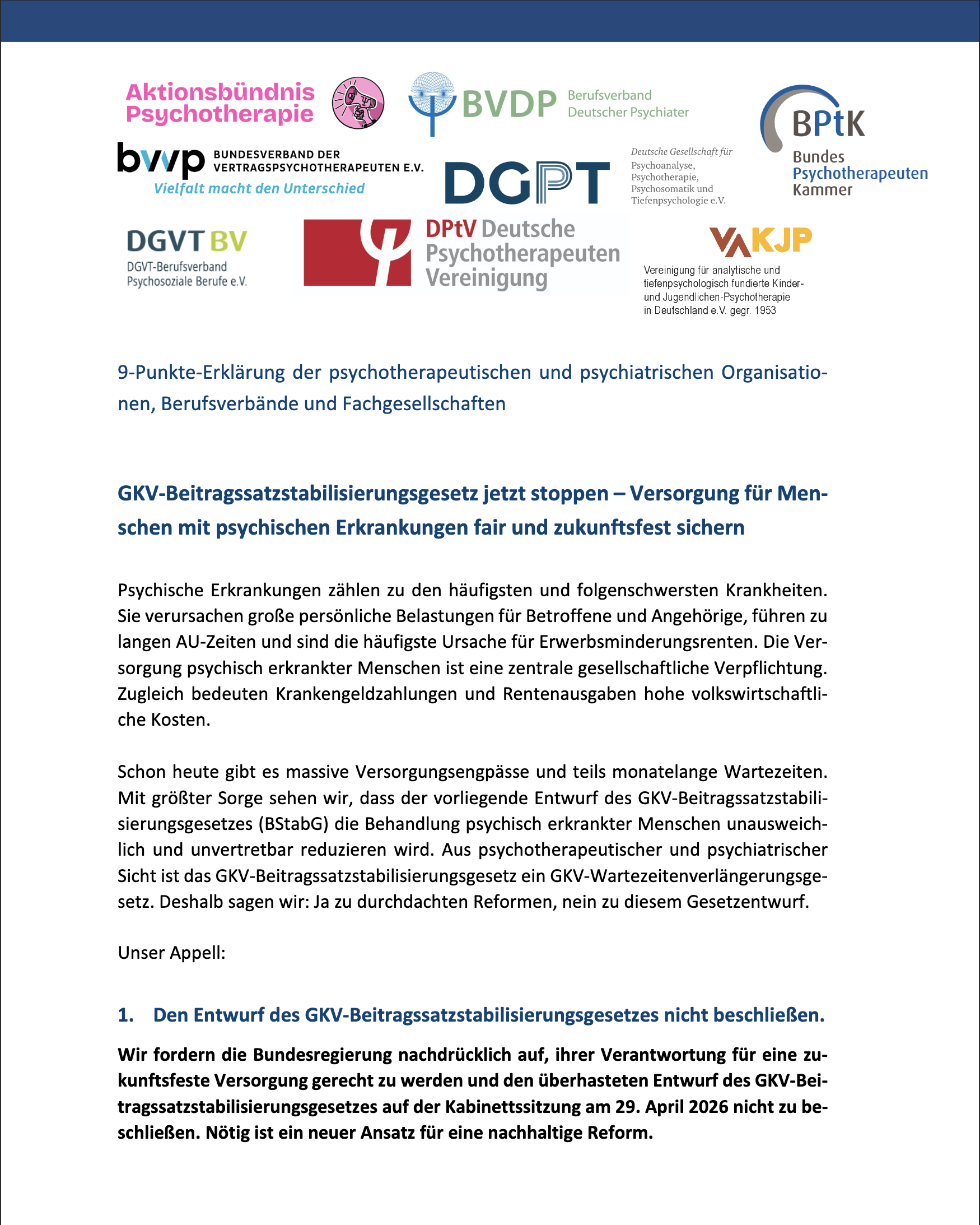 9‑Punkte-Erklärung der Bundespsychotherapeutenkammer